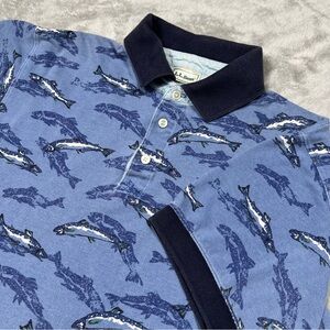 VTG LL Bean AOP Polo Mens M Fish All Over Print Fishing Blue S/S Shirt Cropped